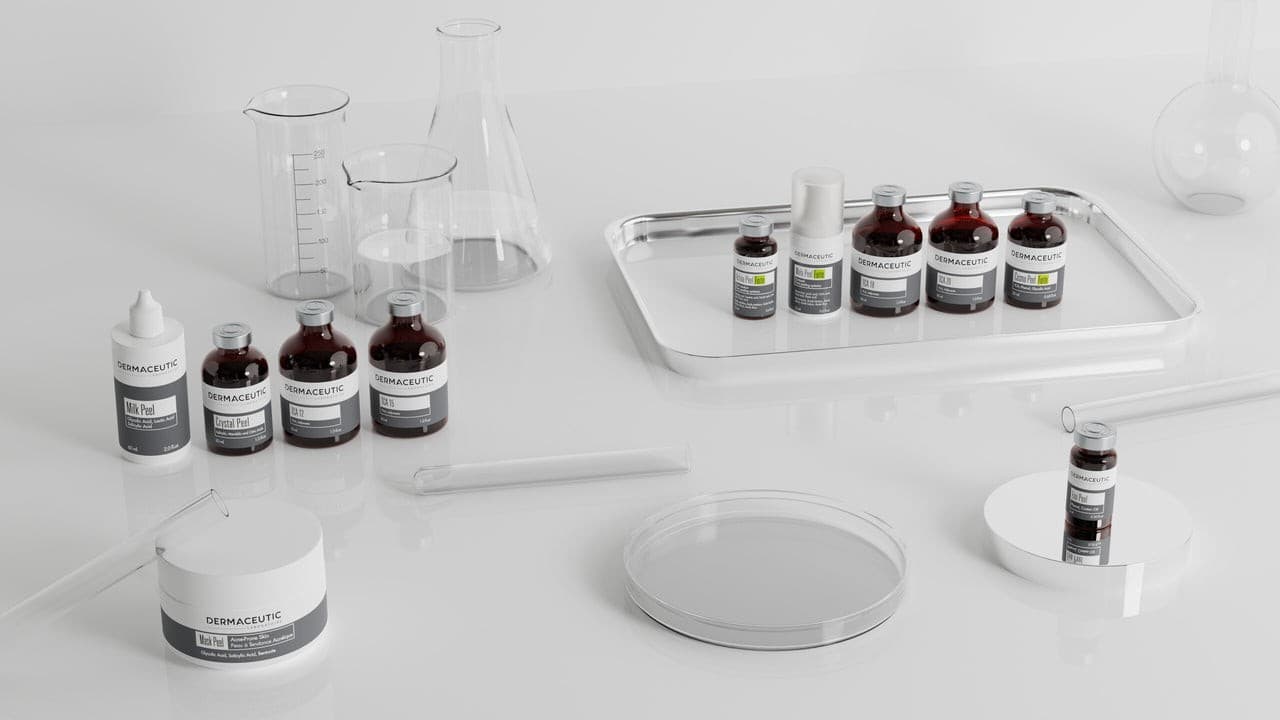 Dermaceutic professional chemical peel products arranged in a laboratory setting