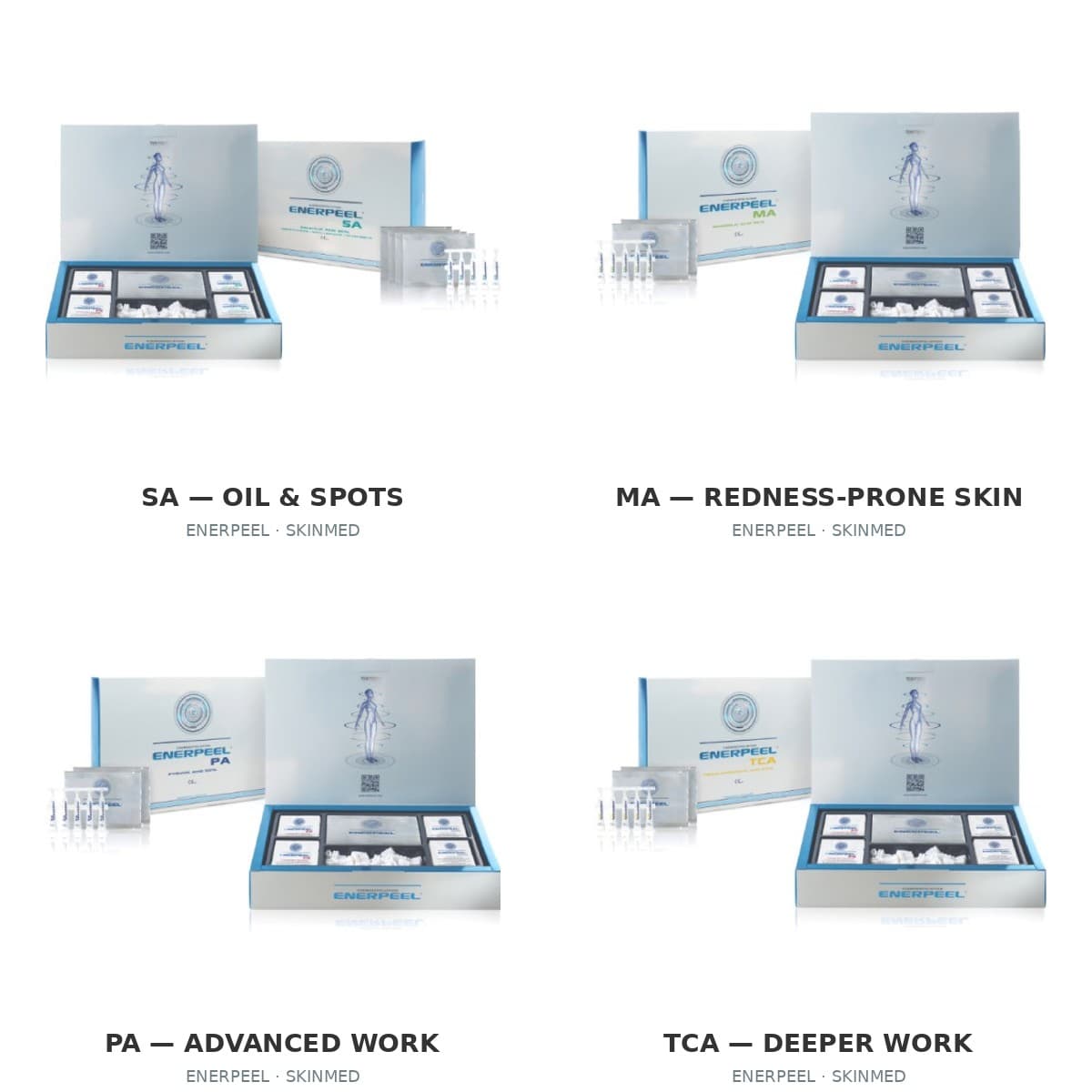 Four EnerPeel products labelled SA for oil and spots, MA for redness-prone skin, PA for advanced work and TCA for deeper work