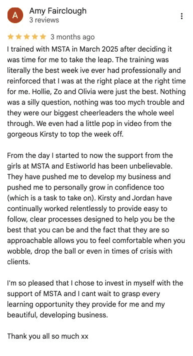 Five-star Google review for MSTA from Amy Fairclough