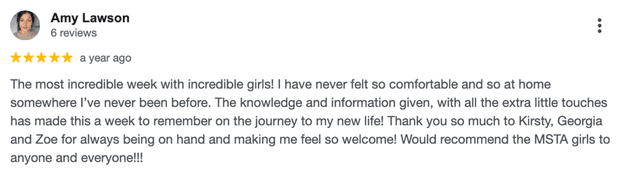 Five-star Google review for MSTA from Amy Lawson