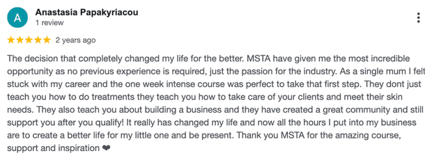 Five-star Google review for MSTA from Anastasia Papakyriacou