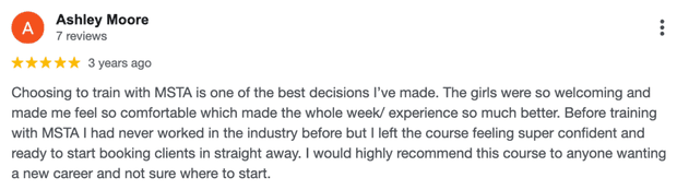 Five-star Google review for MSTA from Ashley Moore