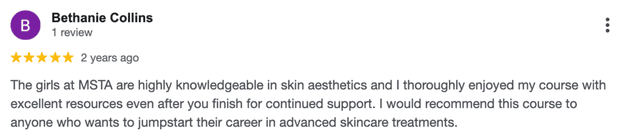 Five-star Google review for MSTA from Bethanie Collins