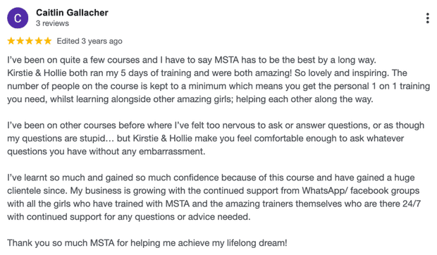 Five-star Google review for MSTA from Caitlin Gallacher