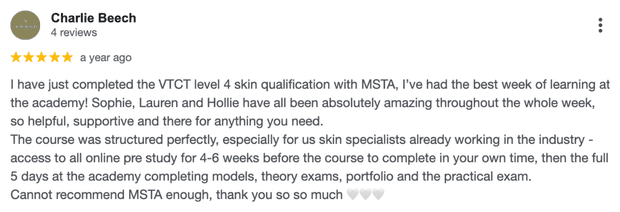 Five-star Google review for MSTA from Charlie Beech