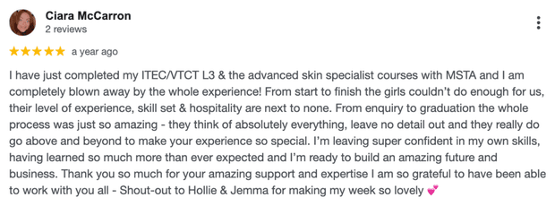 Five-star Google review for MSTA from Ciara McCarron