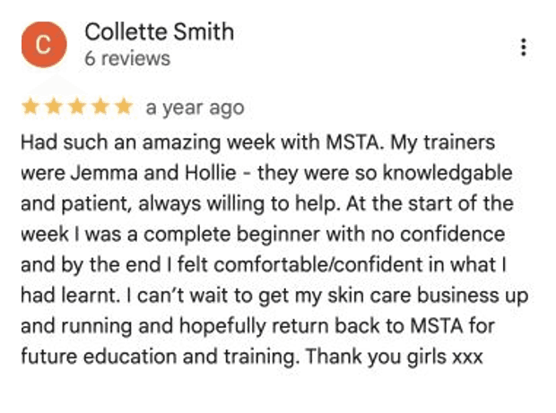 Five-star Google review for MSTA from Collette Smith
