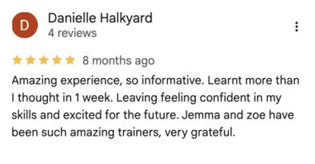 Five-star Google review for MSTA from Danielle Halkyard