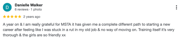 Five-star Google review for MSTA from Danielle Walker