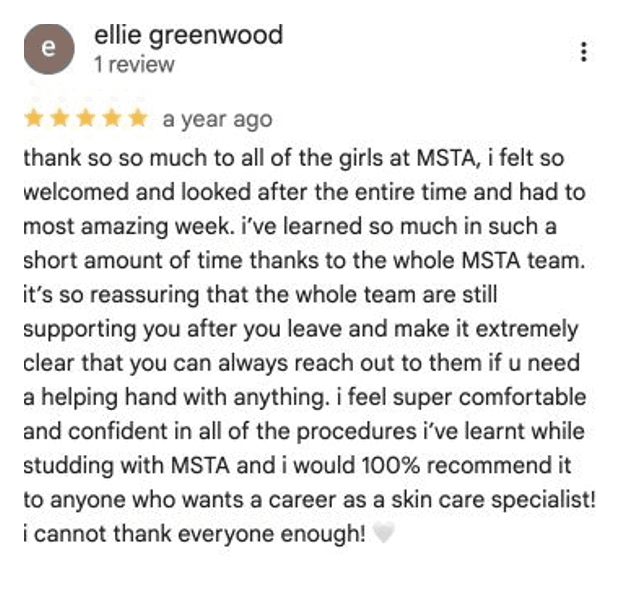 Five-star Google review for MSTA from Ellie Greenwood