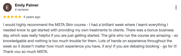 Five-star Google review for MSTA from Emily Palmer