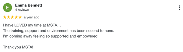 Five-star Google review for MSTA from Emma Bennett