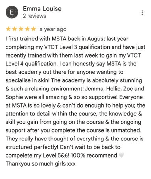 Five-star Google review for MSTA from Emma Louise