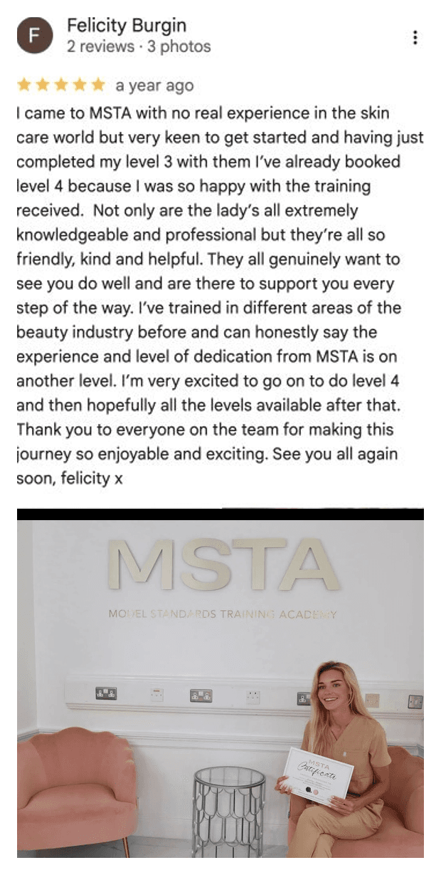 Five-star Google review for MSTA from Felicity Burgin