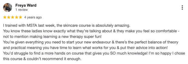 Five-star Google review for MSTA from Freya Ward
