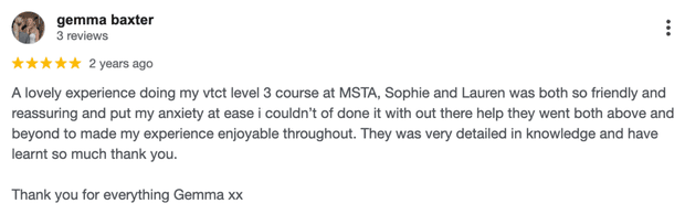 Five-star Google review for MSTA from Gemma Baxter