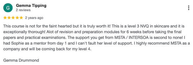 Five-star Google review for MSTA from Gemma Tipping