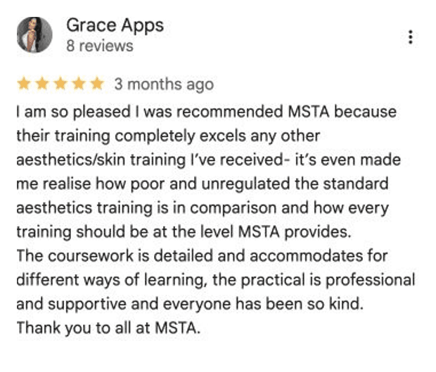 Five-star Google review for MSTA from Grace Apps