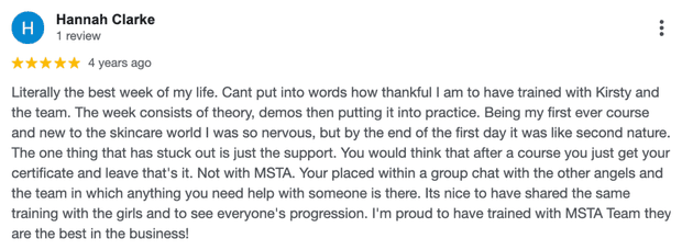 Five-star Google review for MSTA from Hannah Clarke