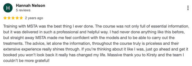 Five-star Google review for MSTA from Hannah Nelson