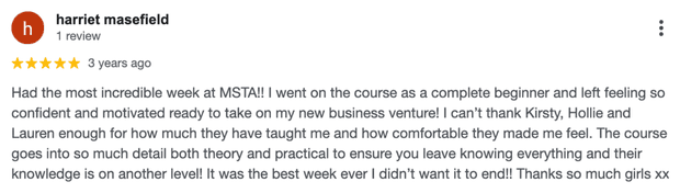 Five-star Google review for MSTA from Harriet Masefield