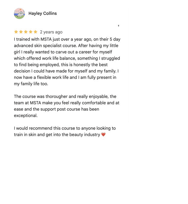 Five-star Google review for MSTA from Hayley Collins