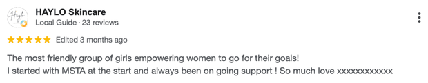 Five-star Google review for MSTA from HAYLO Skincare