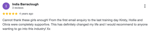 Five-star Google review for MSTA from India Barraclough