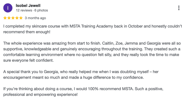 Five-star Google review for MSTA from Isobel Jewell