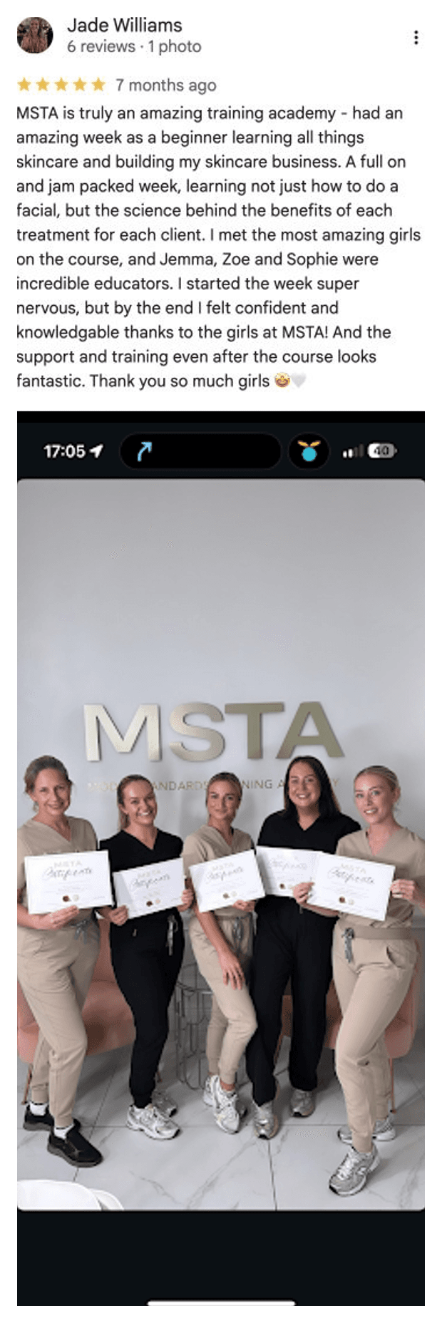 Five-star Google review for MSTA from Jade Williams