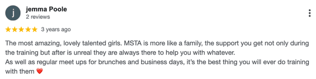Five-star Google review for MSTA from Jemma Poole