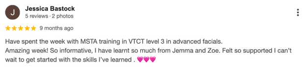 Five-star Google review for MSTA from Jessica Bastock