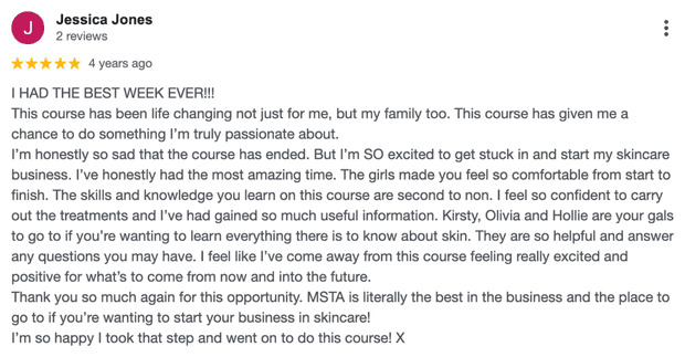 Five-star Google review for MSTA from Jessica Jones