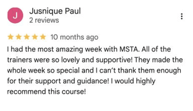 Five-star Google review for MSTA from Jusnique Paul