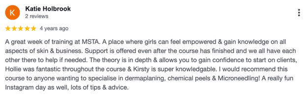 Five-star Google review for MSTA from Katie Holbrook