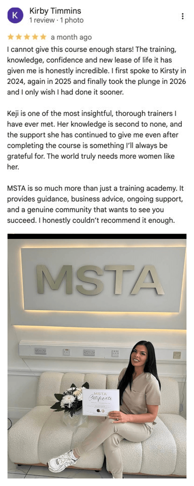 Five-star Google review for MSTA from Kirby Timmins