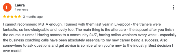 Five-star Google review for MSTA from Laura