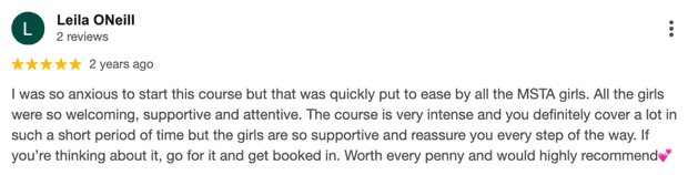 Five-star Google review for MSTA from Leila ONeill