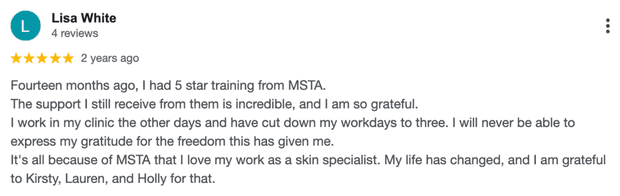 Five-star Google review for MSTA from Lisa White