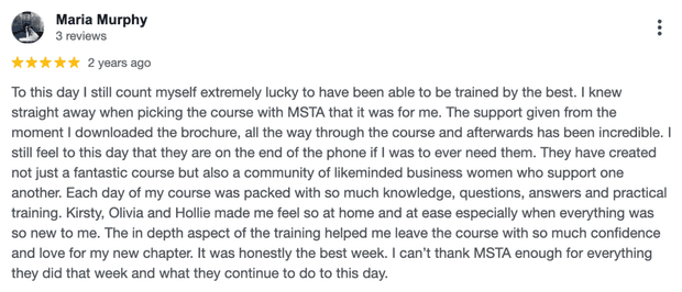 Five-star Google review for MSTA from Maria Murphy