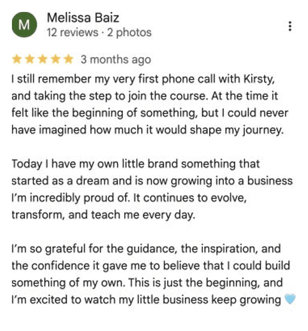 Five-star Google review for MSTA from Melissa Baiz