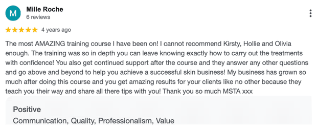 Five-star Google review for MSTA from Mille Roche