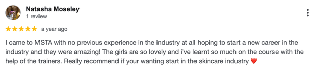 Five-star Google review for MSTA from Natasha Moseley
