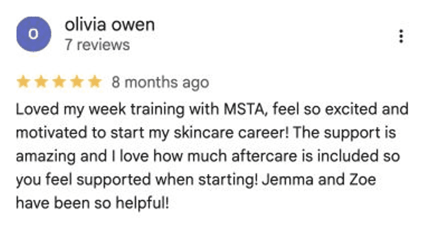 Five-star Google review for MSTA from Olivia Owen