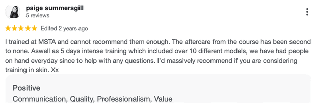 Five-star Google review for MSTA from Paige Summersgill