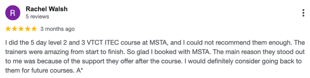 Five-star Google review for MSTA from Rachel Walsh