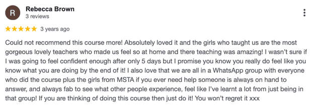 Five-star Google review for MSTA from Rebecca Brown