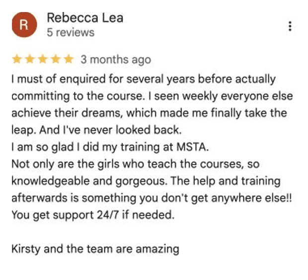 Five-star Google review for MSTA from Rebecca Lea