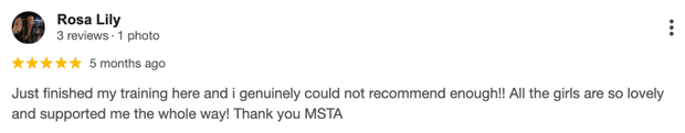 Five-star Google review for MSTA from Rosa Lily