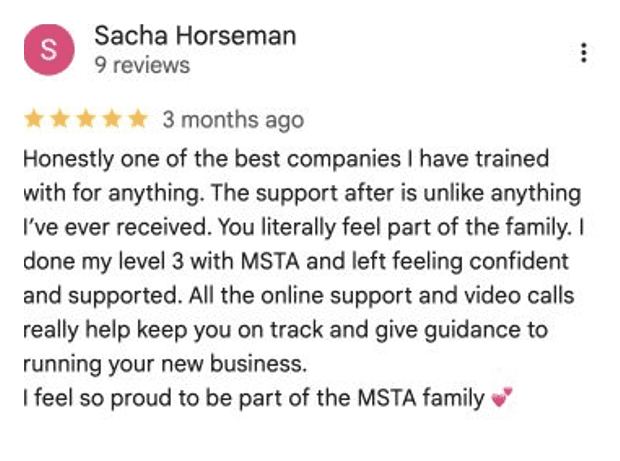 Five-star Google review for MSTA from Sacha Horseman